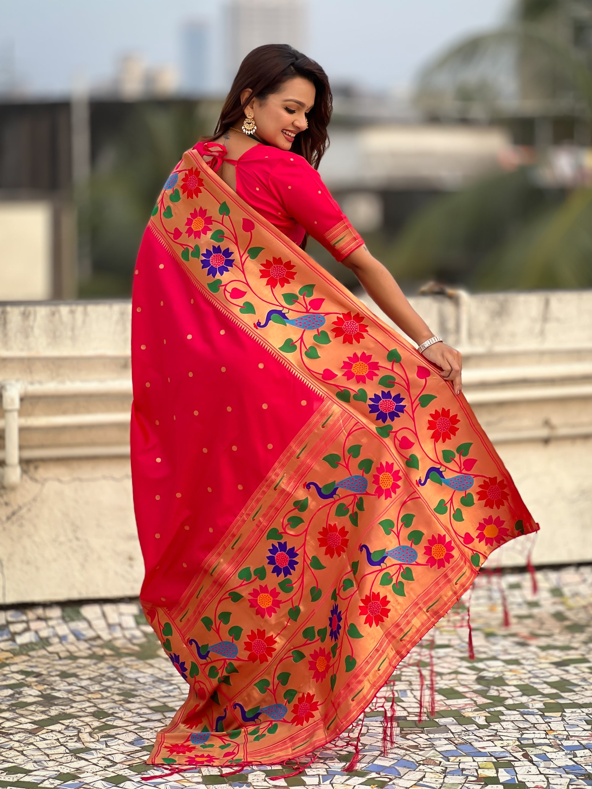 Red Paithani Silk with Floral &amp; Peacock Big Border Saree