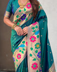 Peacock Blue Paithani Silk with Floral & Peacock Big Border Saree