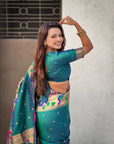 Peacock Blue Paithani Silk with Floral & Peacock Big Border Saree