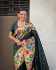 Bottle Green Paithani Silk with Floral & Peacock Big Border Saree