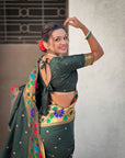 Bottle Green Paithani Silk with Floral & Peacock Big Border Saree