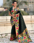 Bottle Green Paithani Silk with Floral & Peacock Big Border Saree