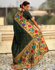 Bottle Green Paithani Silk with Floral & Peacock Big Border Saree