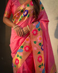 Light Pink Paithani Silk with Floral & Peacock Big Border Saree
