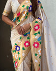 Cream Paithani Silk with Floral & Peacock Big Border Saree