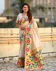 Cream Paithani Silk with Floral & Peacock Big Border Saree