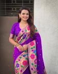 Purple Paithani Silk with Floral & Peacock Big Border Saree