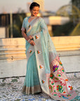 Sky Blue Organza Silk Paithani Fusion Rajhans Border and Pallu