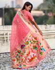 Pink Organza Silk Paithani Fusion Rajhans Border and Pallu