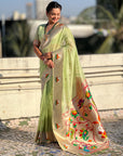 Pista Green Organza Silk Paithani Fusion Rajhans Border and Pallu