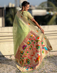 Pista Green Organza Silk Paithani Fusion Rajhans Border and Pallu