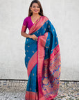 Blue Maharashtrian Paithani Silk Zari Woven Nath Contrast Saree