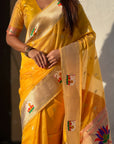 Yellow Organza Silk Paithani Fusion Rajhans Border and Pallu