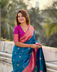 Blue Maharashtrian Paithani Silk Zari Woven Nath Contrast Saree