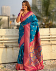 Blue Maharashtrian Paithani Silk Zari Woven Nath Contrast Saree