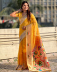 Yellow Organza Silk Paithani Fusion Rajhans Border and Pallu