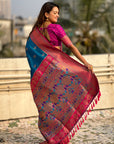 Blue Maharashtrian Paithani Silk Zari Woven Nath Contrast Saree