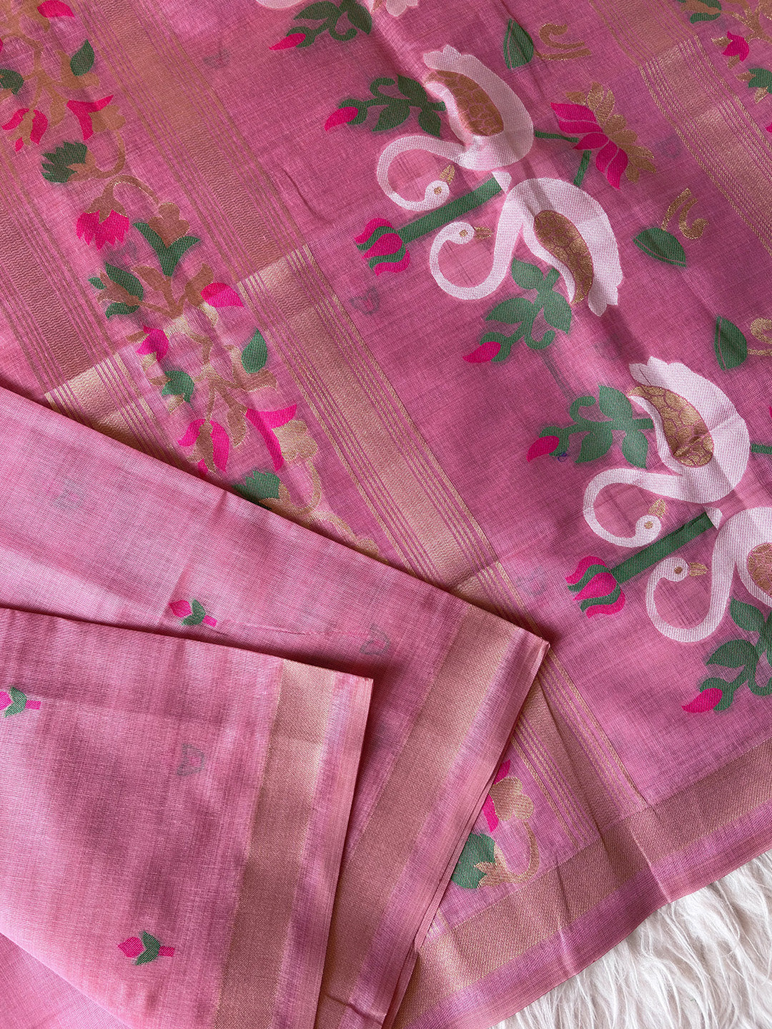 Pink Premium Soft Muga Cotton Swan Pattern Saree