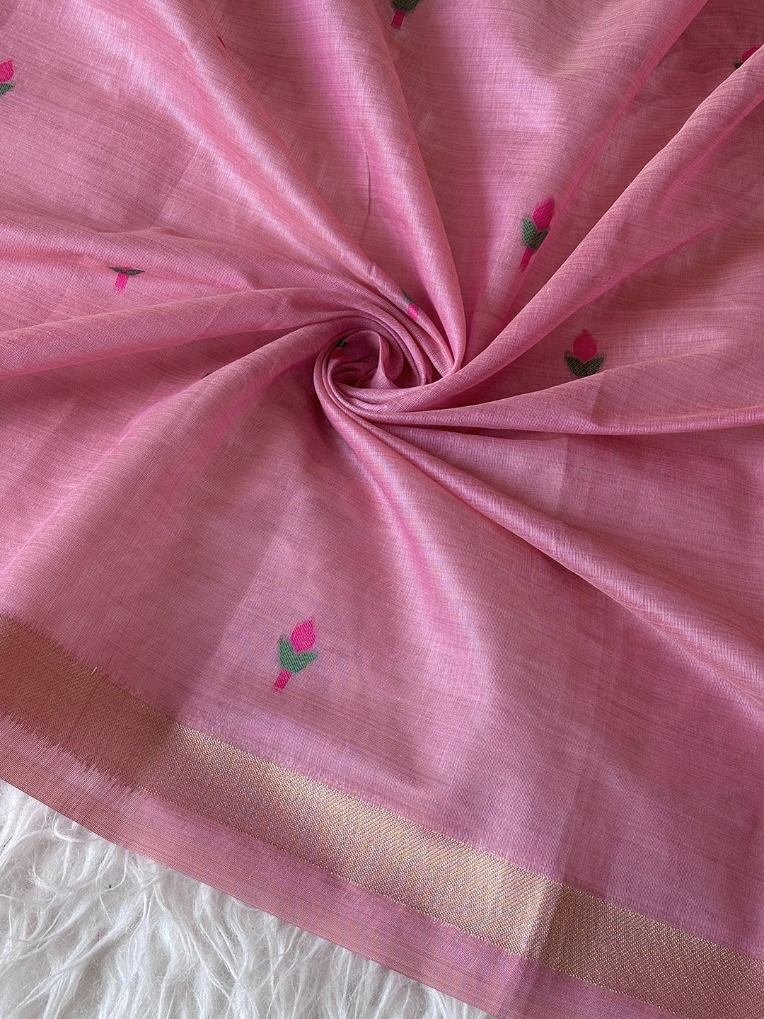 Pink Premium Soft Muga Cotton Swan Pattern Saree