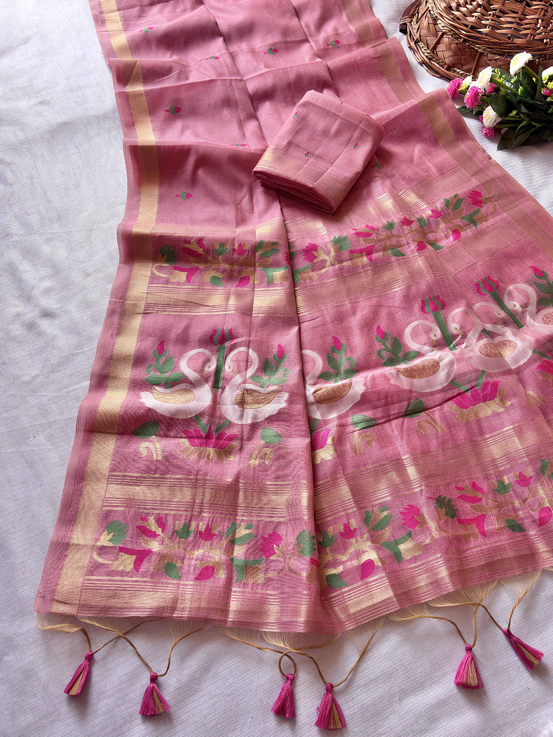 Pink Premium Soft Muga Cotton Swan Pattern Saree