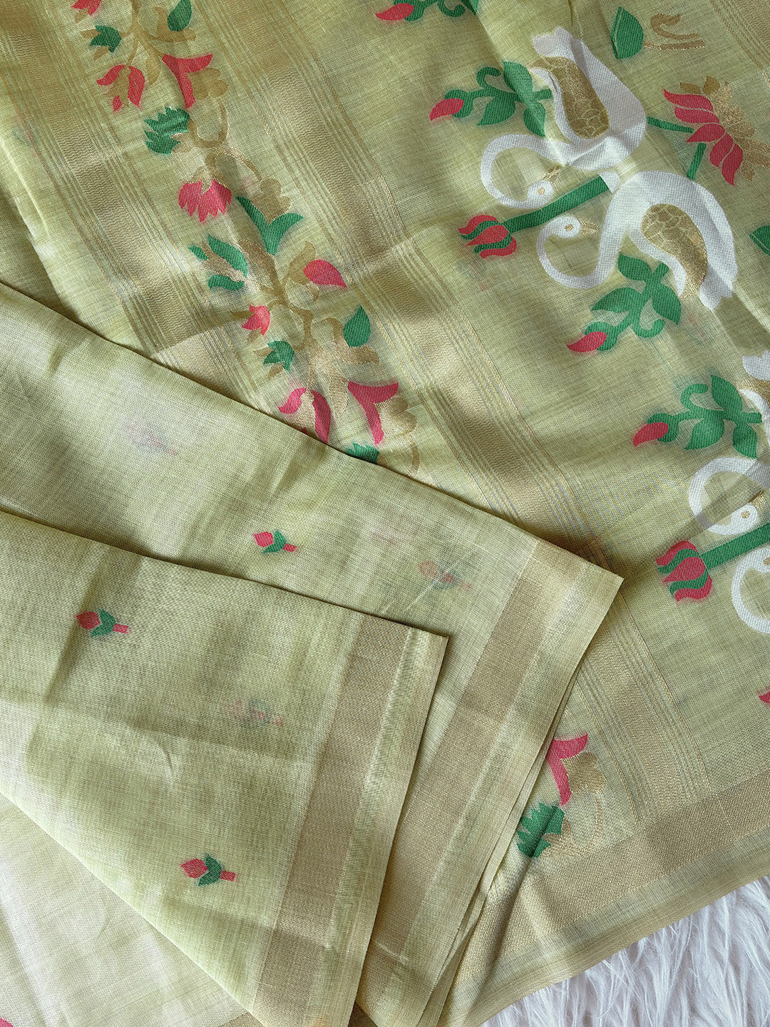 Pista Green Premium Soft Muga Cotton Swan Pattern Saree