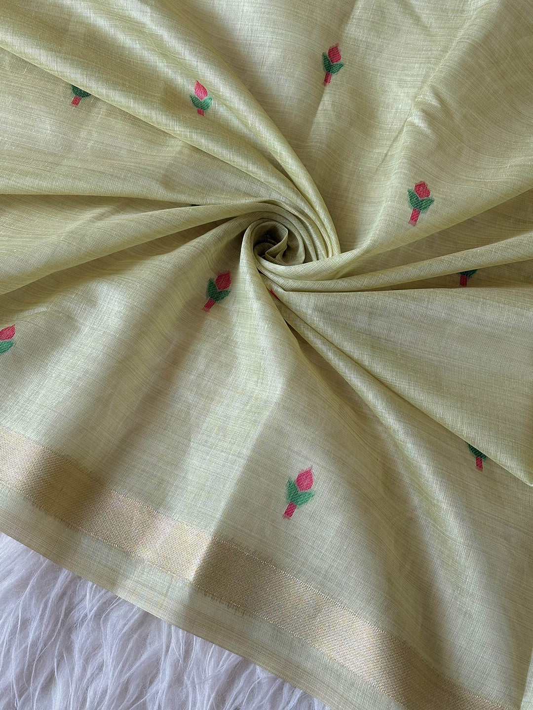 Pista Green Premium Soft Muga Cotton Swan Pattern Saree