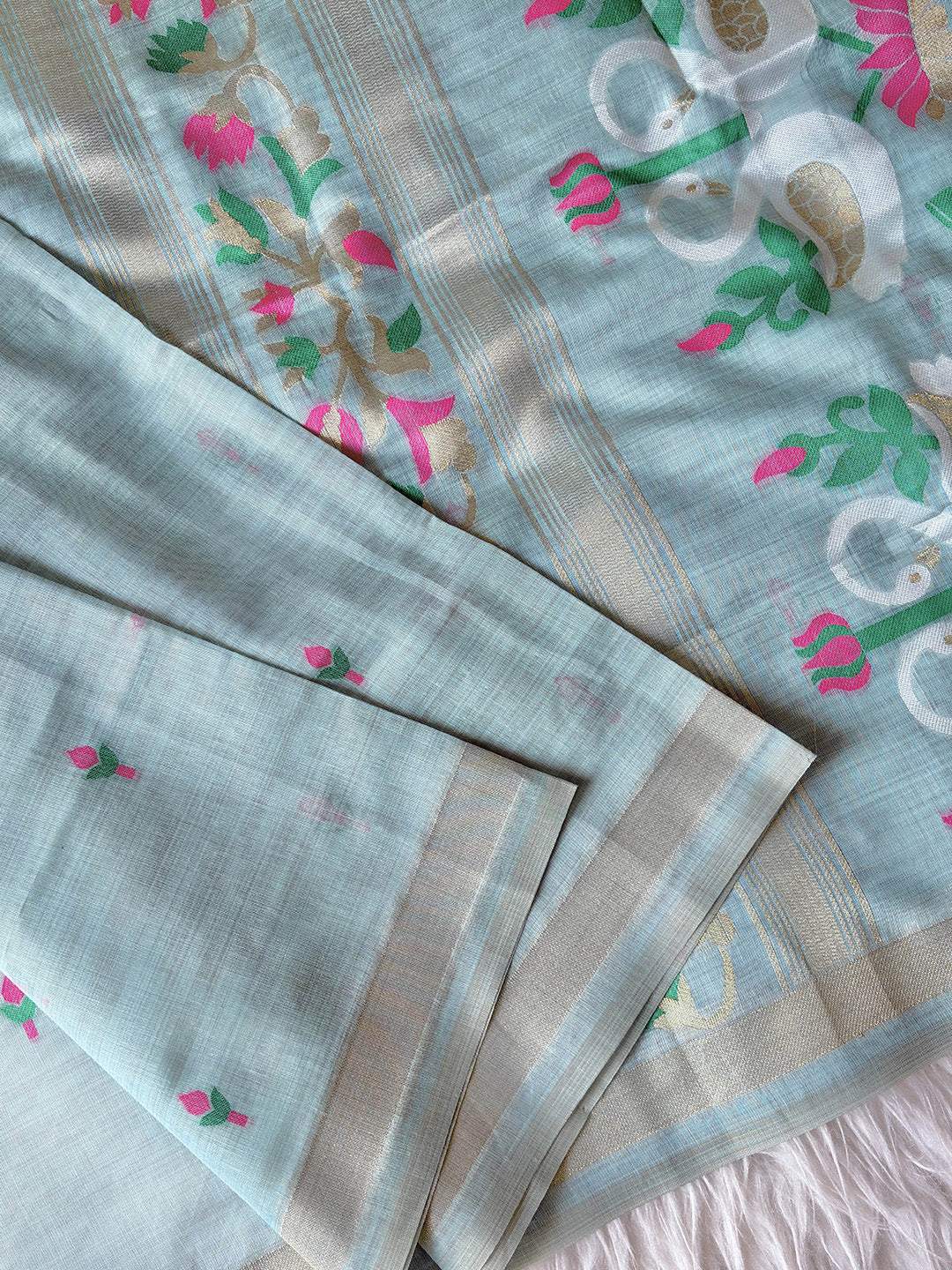 Sky Blue Premium Soft Muga Cotton Swan Pattern Saree
