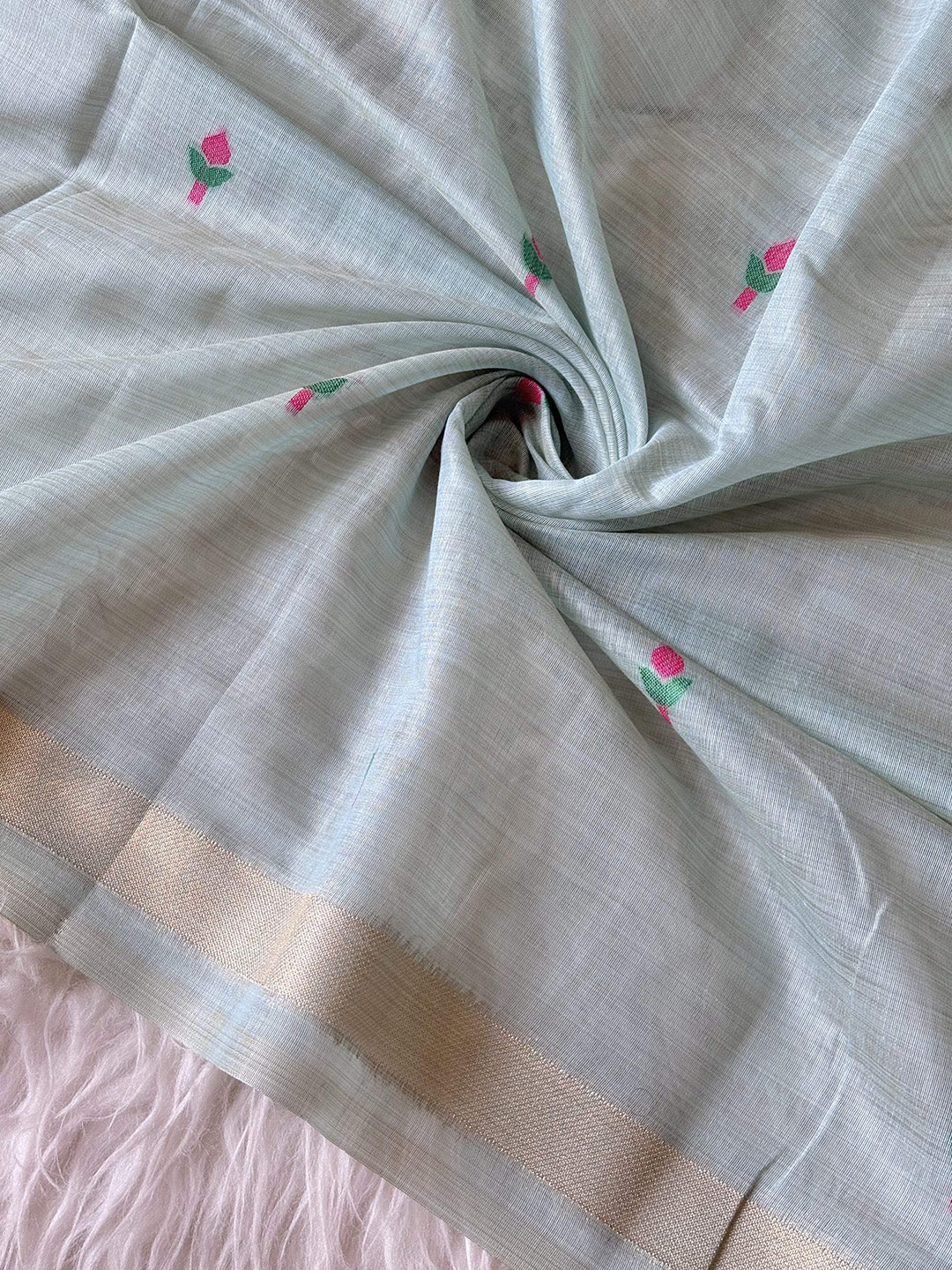 Sky Blue Premium Soft Muga Cotton Swan Pattern Saree