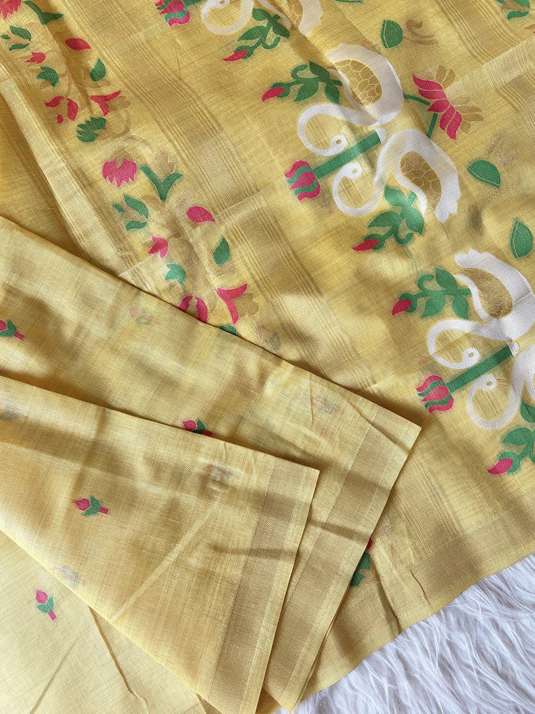 Yellow Premium Soft Muga Cotton Swan Pattern Saree