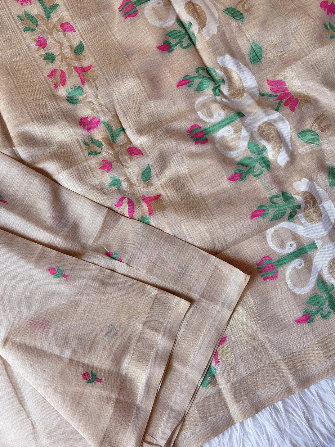 Chickoo Premium Soft Muga Cotton Swan Pattern Saree