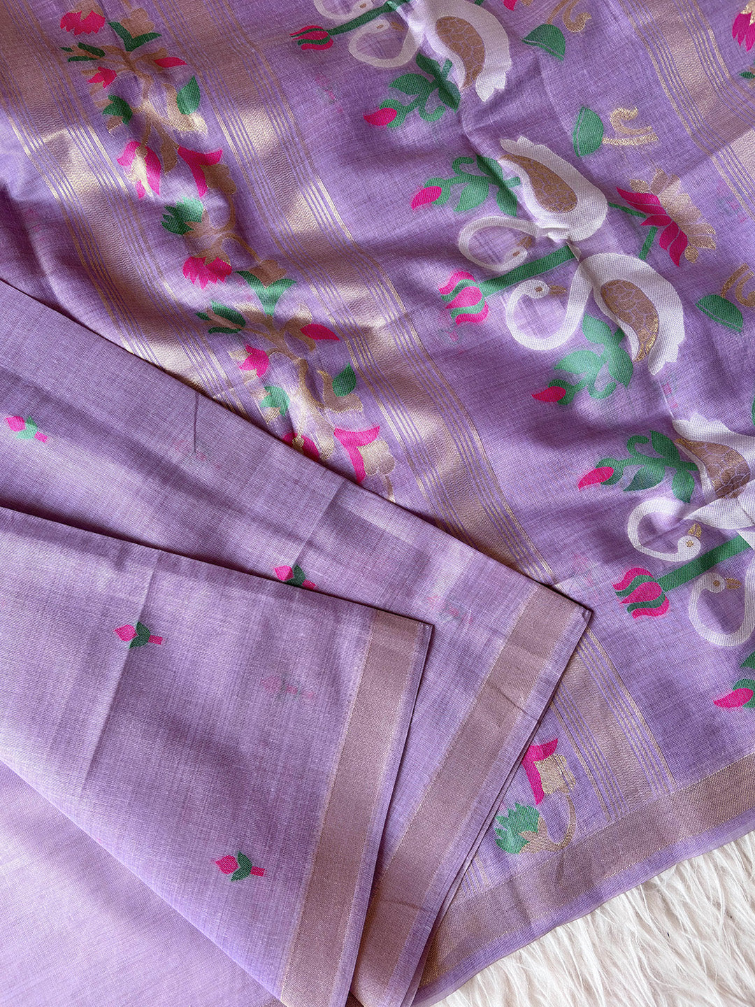 Lavender Premium Soft Muga Cotton Swan Pattern Saree