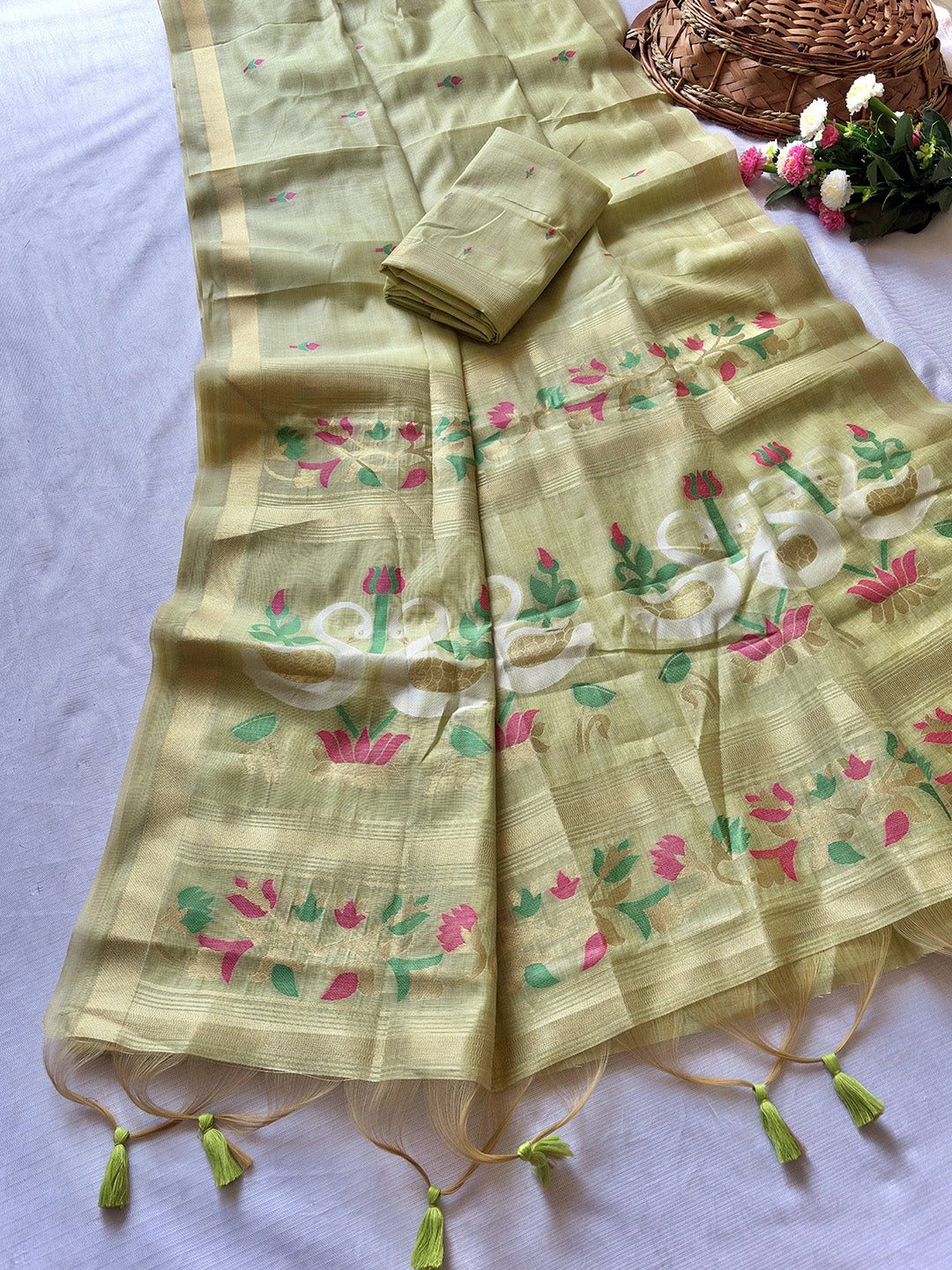 Pista Green Premium Soft Muga Cotton Swan Pattern Saree