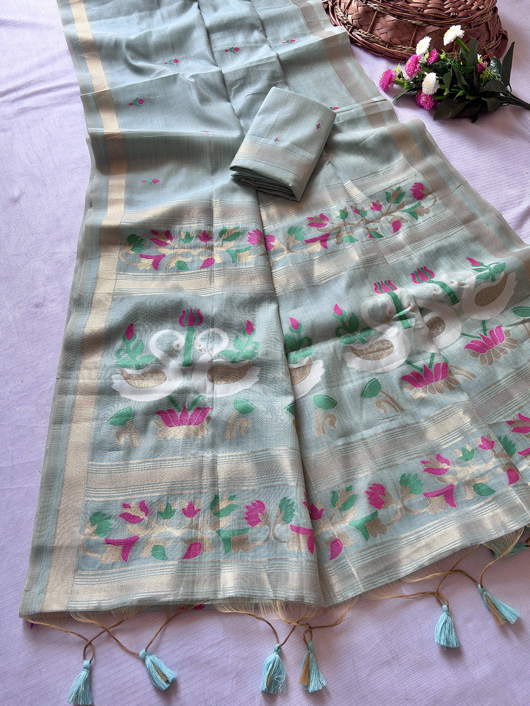 Sky Blue Premium Soft Muga Cotton Swan Pattern Saree