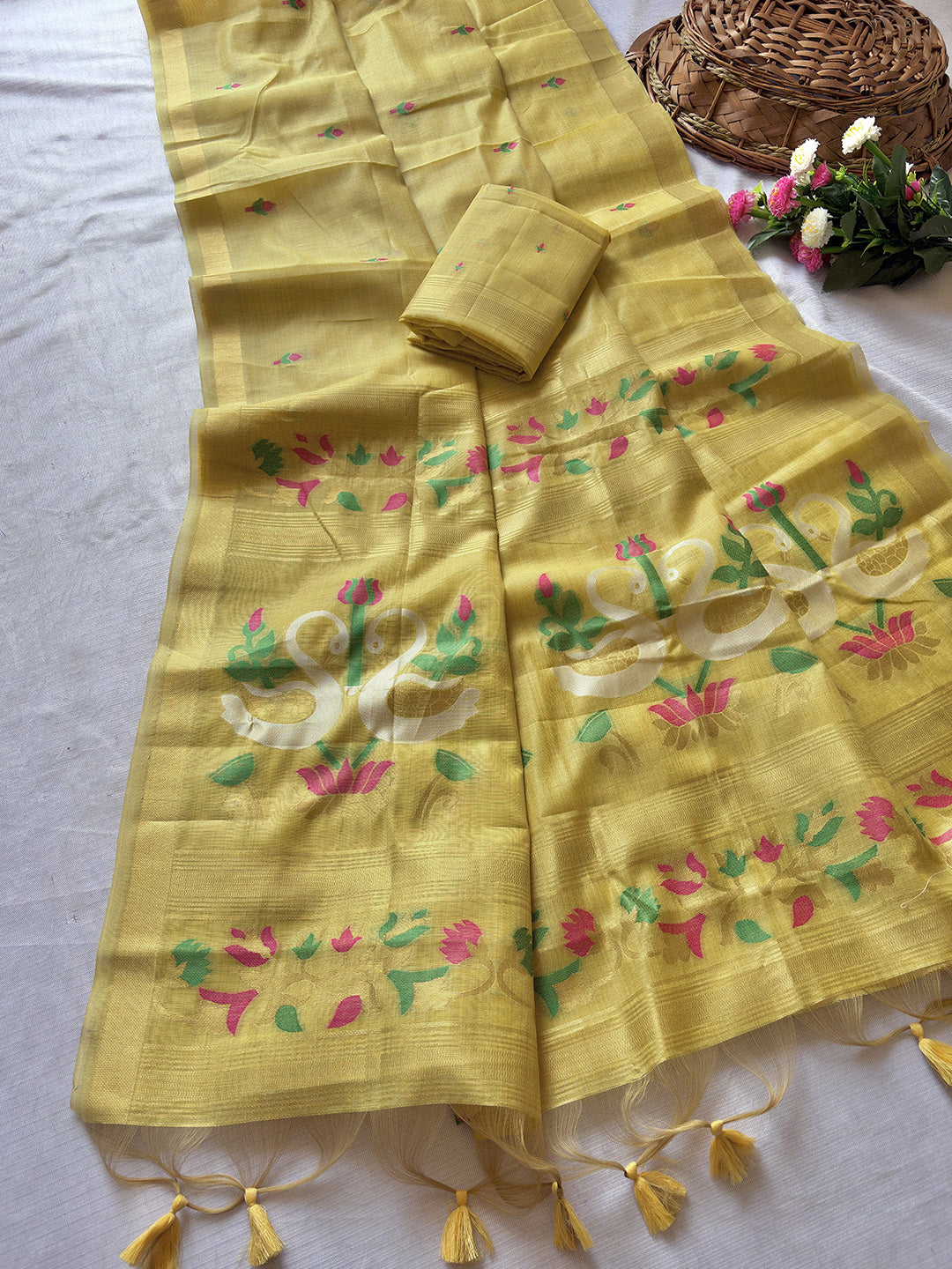 Yellow Premium Soft Muga Cotton Swan Pattern Saree