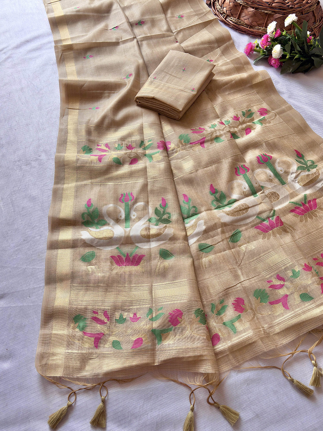 Chickoo Premium Soft Muga Cotton Swan Pattern Saree