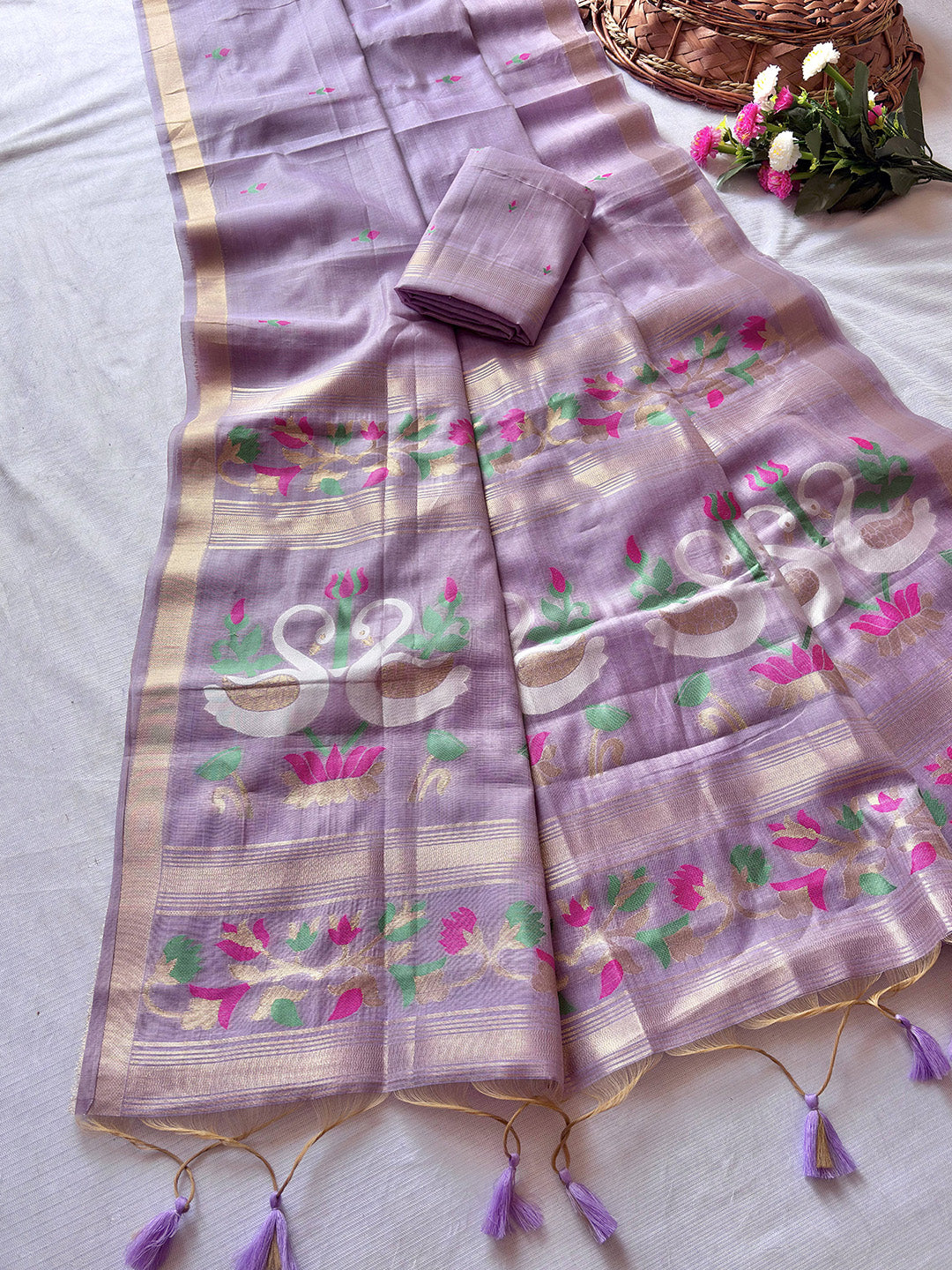 Lavender Premium Soft Muga Cotton Swan Pattern Saree