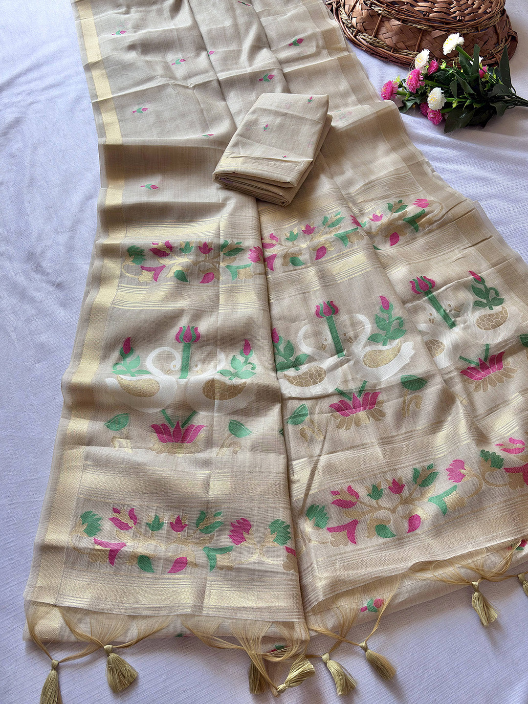 White Premium Soft Muga Cotton Swan Pattern Saree