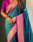 Peacock Blue Paithani Silk with Kadiyal Border Saree
