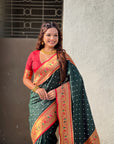 Bottle Green Bandhani Weaves Silk Saree with Paithani Border & Pallu