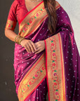 Wine Bandhani Weaves Silk Saree with Paithani Border & Pallu