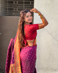 Wine Bandhani Weaves Silk Saree with Paithani Border & Pallu
