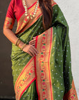 Mehendi Green Bandhani Weaves Silk Saree with Paithani Border & Pallu