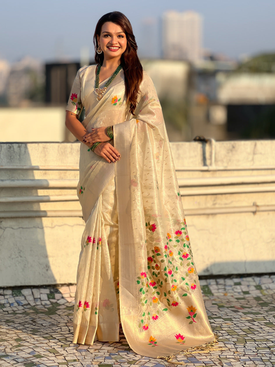 Chickoo Organza Silk Jamdani Pattern Zari Woven Saree