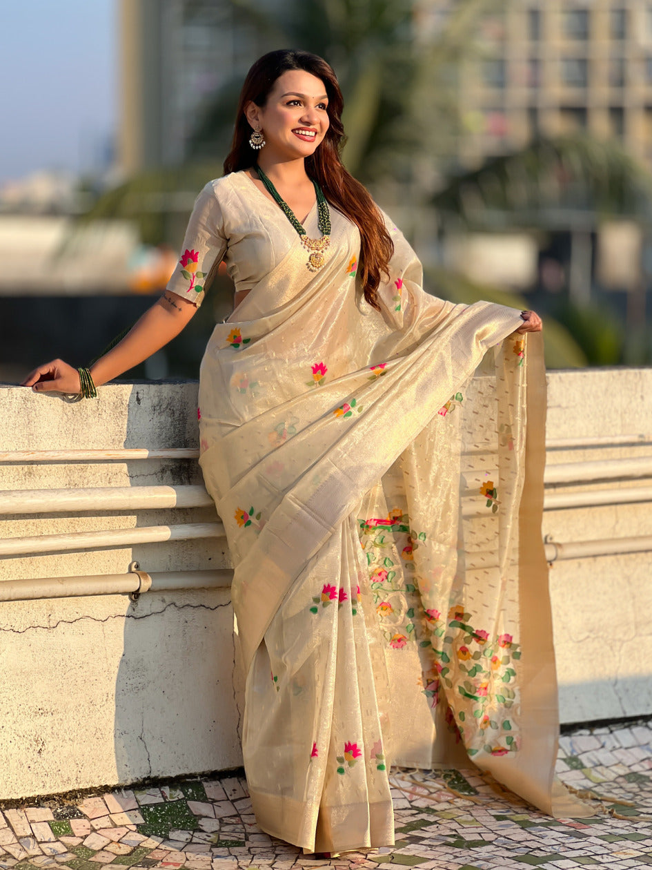 Chickoo Organza Silk Jamdani Pattern Zari Woven Saree