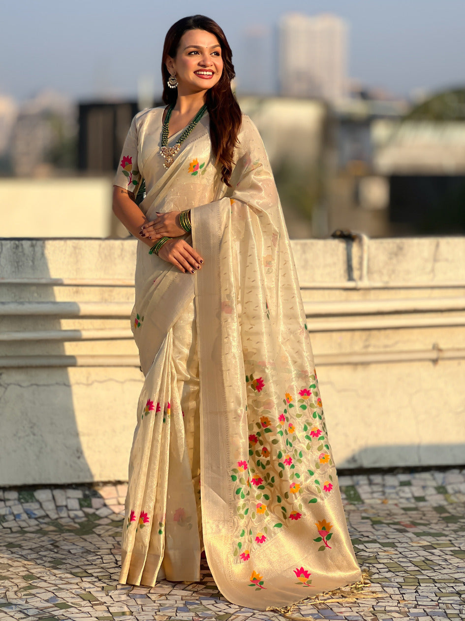Chickoo Organza Silk Jamdani Pattern Zari Woven Saree