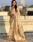 Chickoo Organza Silk Jamdani Pattern Zari Woven Saree