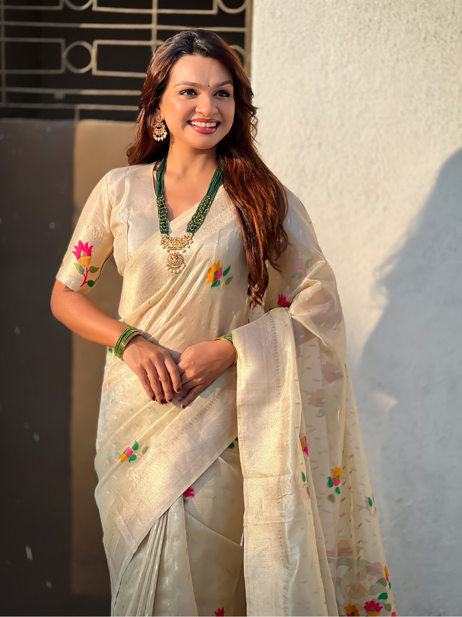 Chickoo Organza Silk Jamdani Pattern Zari Woven Saree