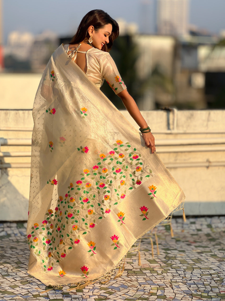 Chickoo Organza Silk Jamdani Pattern Zari Woven Saree