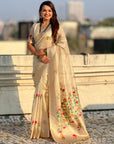Chickoo Organza Silk Jamdani Pattern Zari Woven Saree