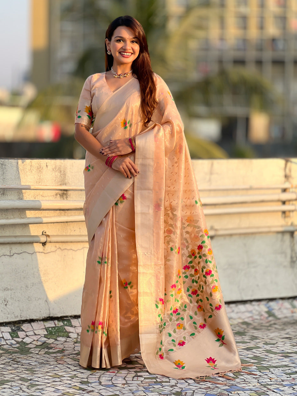 Peach Organza Silk Jamdani Pattern Zari Woven Saree